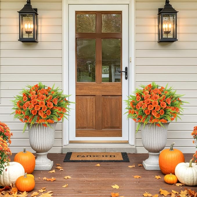 Artificial Fall Flowers for Outdoors 12 Bundles Fake Mums Petunias Flowers UV Resistant Shrubs Plants with Fern for Indoor Outside Hanging Planters Home Garden Autumn Thanksgiving Decorations