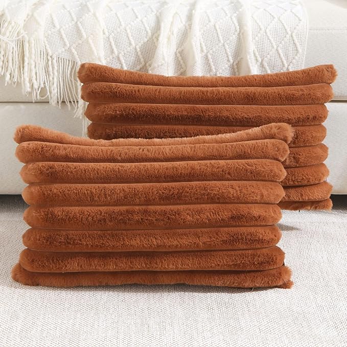 FUTEI Brown Striped Decorative Throw Pillow Covers 12x20 Inch Set of 2,Rectangle Fall Decorations Couch Lumbar Pillowcase,Soft Cozy Faux Rabbit Fur & Velvet Back,Modern Home Decor for Bed