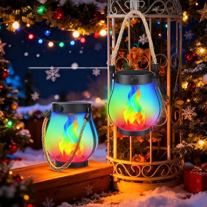 Christmas Solar Flame Lantern Hanging Outdoor Waterproof Purple - 2 Pack Flame Lanterns with Dual Charging Modes of Solar & USB for Garden or Yard Decorations (Multicolor - 1 Pack)