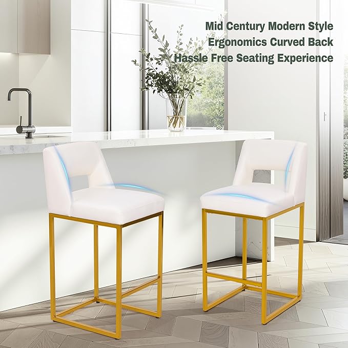 White and Gold Counter Height Bar Stool for Kitchen Counter Modern Bar Chair with Back for Kitchen Island with Upholstered Faux Leather Seat and Metal Frame, 26 Inch