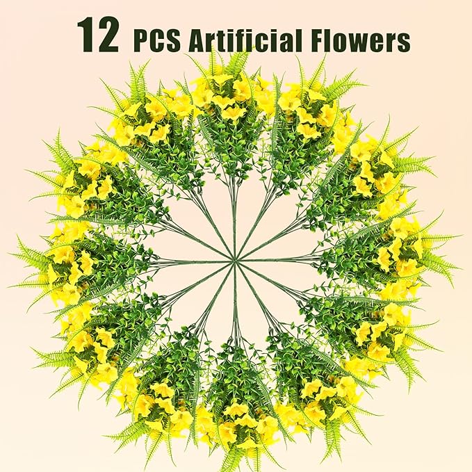 Artificial Flowers Outdoors 12 Bundles Yellow Artificial Petunias Fake Flowers UV Resistant Shrubs Plants with Fern for Indoor Outside Hanging Planters Home Garden Summer Decorations
