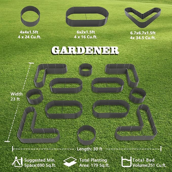 A ANLEOLIFE 12-Pack 4X4X1.5ft & 6X2X1.5ft & 81x81x18 in Deep Root Galvanized Raised Garden Beds Outdoor for Planting Vegetables Flowers Herb, Quartz Grey