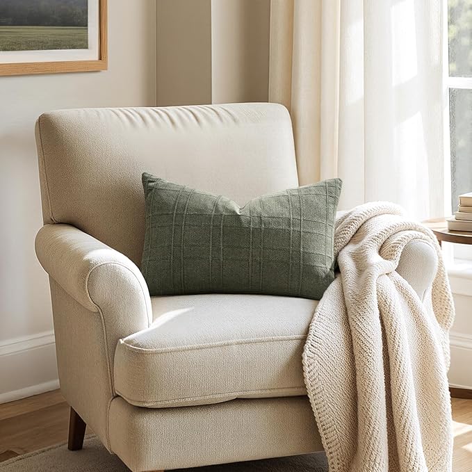 MIULEE Decorative Linen Check Lumar Throw Pillow Covers Neutral Farmhouse Vintage Pillow Covers 12x20 Set of 2 Boho Modern Home Decor for Sofa Couch Bedroom Cushion Olive Green