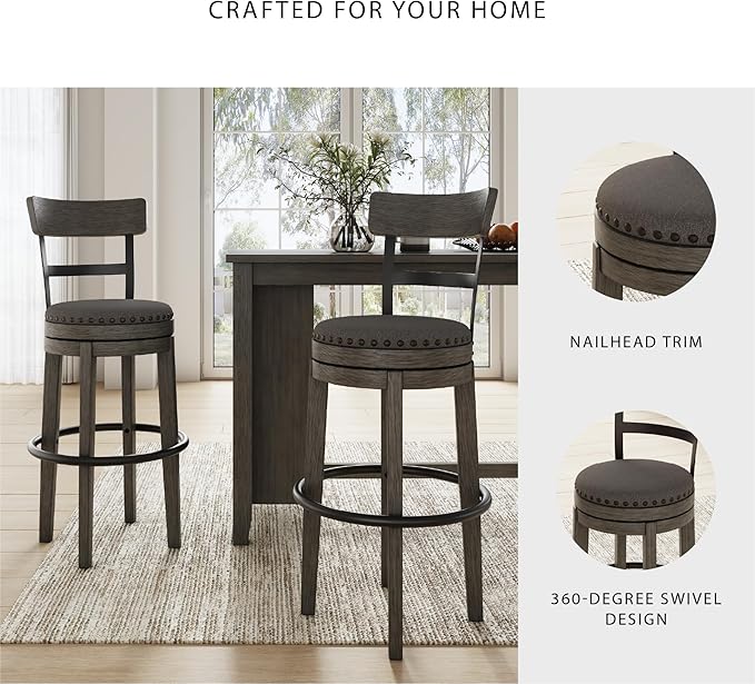 Signature Design by Ashley Caitbrook 30" Farmhouse Bar Height Upholstered Swivel Barstool, Gray