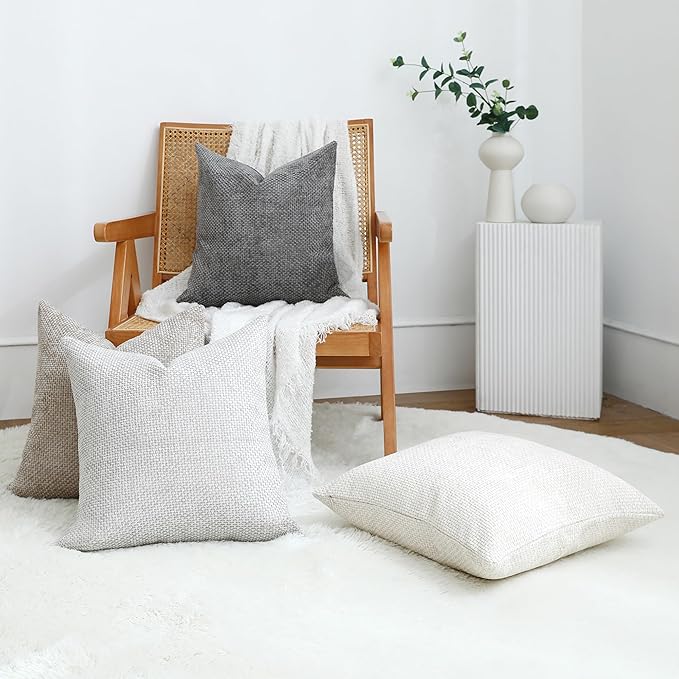 Stellhome Set of 4 Neutral Decorative Throw Pillow Covers Soft Chenille Woven Textured Luxury Accent Cushion Cases for Living Room Couch Bed Sofa Farmhouse Boho Home, 20x20 inch, Neutral