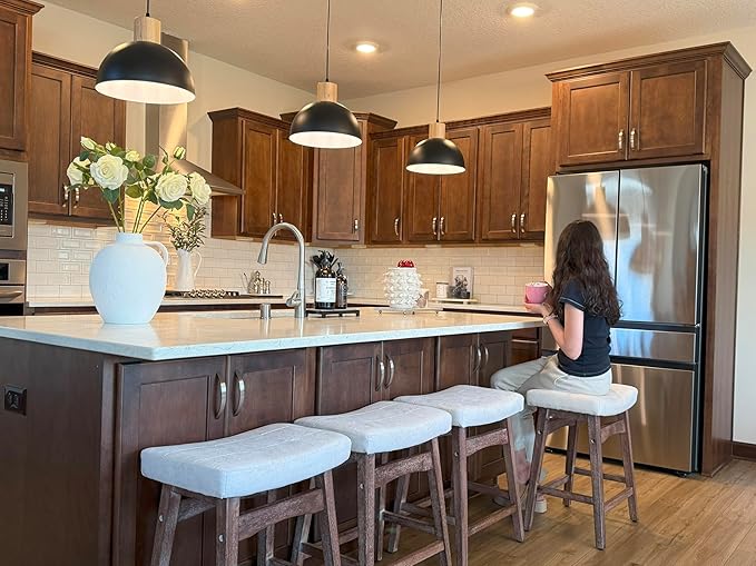 PHI VILLA Farmhouse Bar Stools Set of 4 - Wood Bartools with Upholstered Saddle Seat, 24 inch stools for Kitchen Counter Set of 4