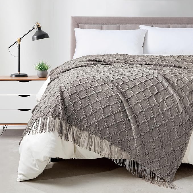 BOURINA Dark Grey Throw Blanket 50 x70 Inches Jacquard Argyle Throw Textured Solid Soft Throws and Blankets for Sofa or Bed Knitted Decorative Blanket