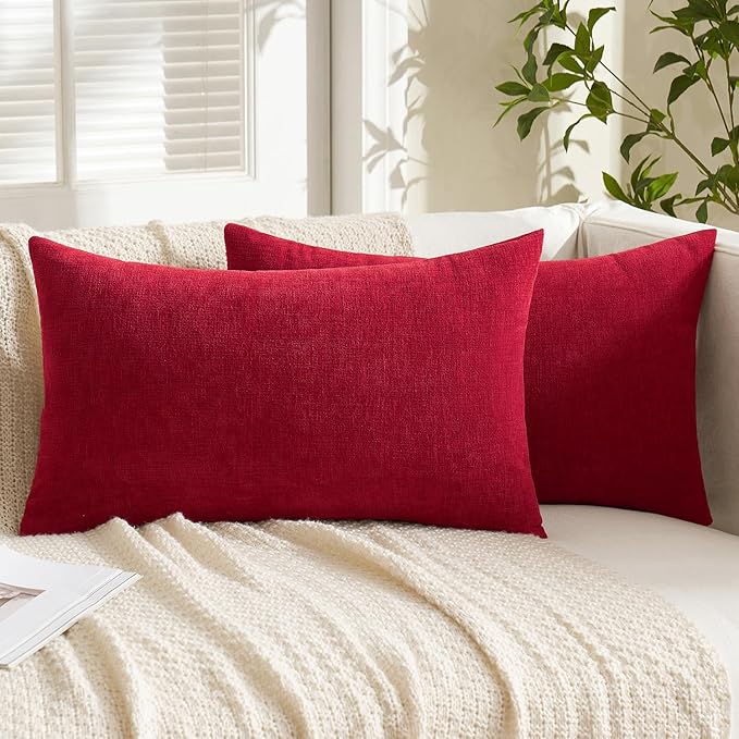 MIULEE Red Couch Pillow Covers 12x20 Inch, Set of 2 Soft Chenille Decorative Lumbar Throw Pillow Covers Christmas Farmhouse for Sofa Living Room Bed