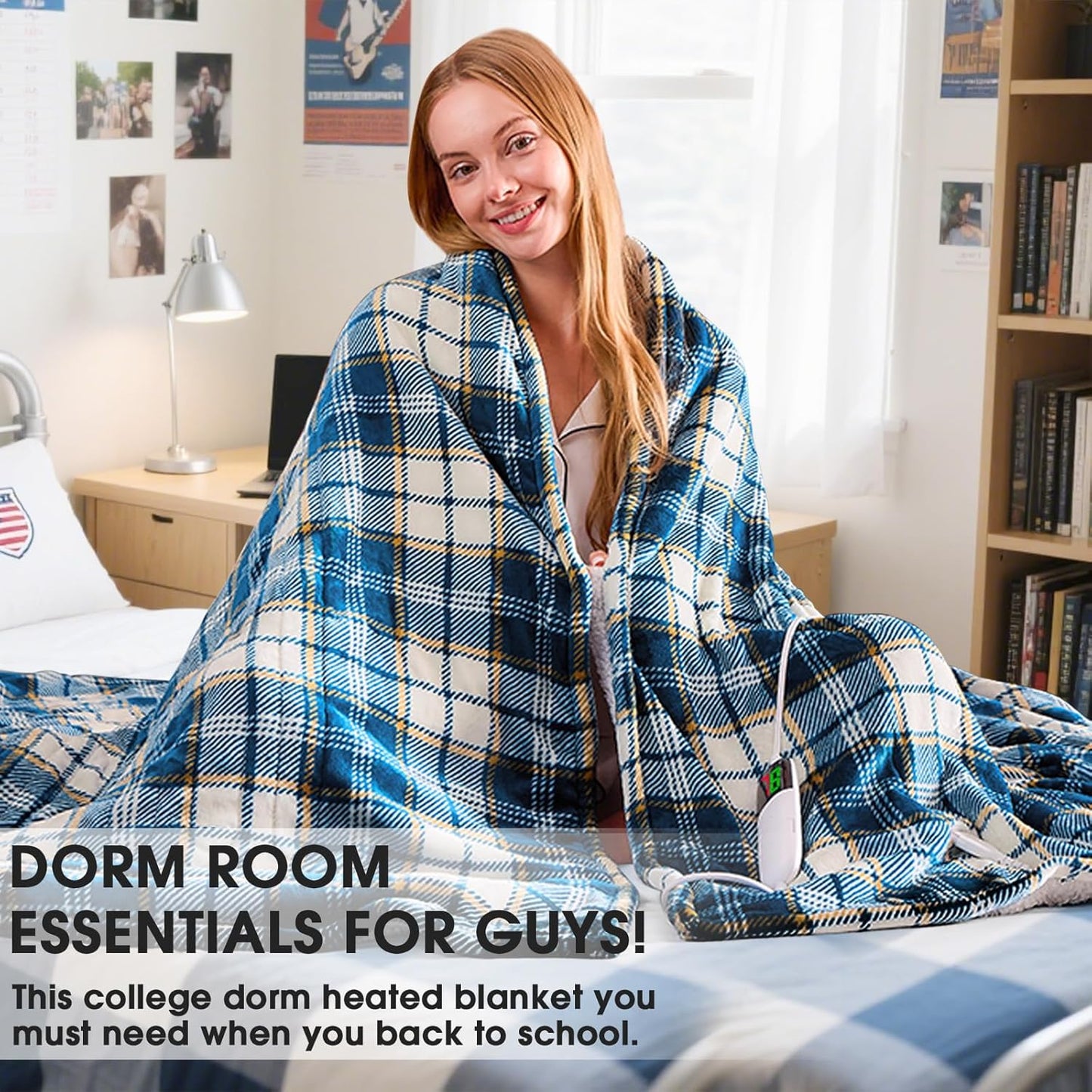 Heated Blanket Electric Throw, 50X60, Heating Throw with 10 Heats Levels/8 Hours Auto Off, Navy Blue Plaid Sherpa Blanket Winter Warmer for Adults, Washable Housewarming Gift for Couch Bed Office, ETL