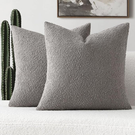 FUTEI Pack of 2 Light Grey Decorative Throw Pillow Covers 24x24 Inch Soft Cozy Solid Boucle Textured European Cushion Case,Modern Home Decor for Couch Bed Living Room