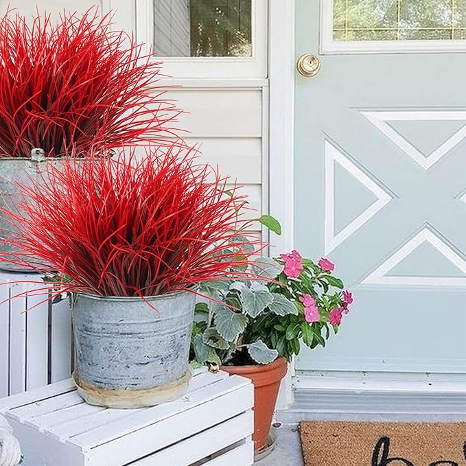 RECUTMS Artificial Shrubs Bushes, Plastic Wheat Grass Green Leaves Fake Plants Wedding Indoor Outdoor Home Garden Verandah Kitchen Office Table Centerpieces Arrangements Christmas Decoration(Red)