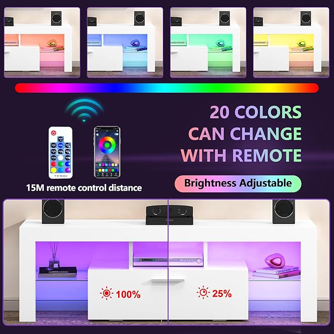 Clikuutory Modern Lighting 51 inch TV Stand with Large Storage Drawer for 32 40 50 55 Inch TVs, TV Console with 20 Color LED Lights, Entertainment Center Media and Open Shelf for Bedroom, White