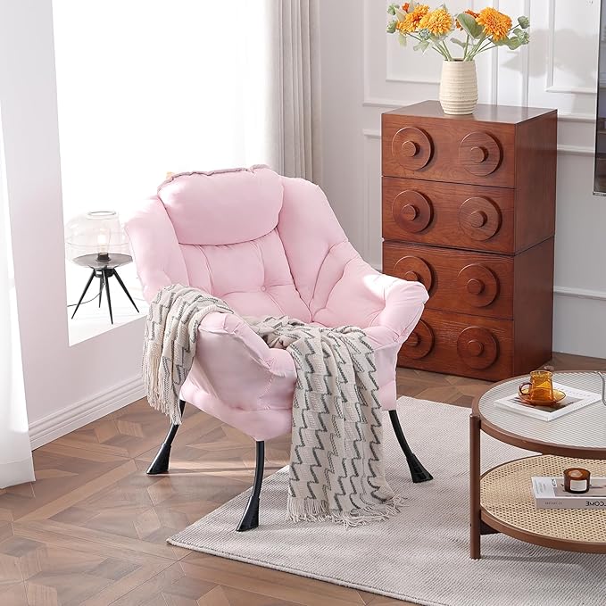 Welnow Lazy Chair for Living Room, Modern Reading Lounge Accent Chair with Armrests and a Side Pocket, Leisure Upholstered Lazy Sofa for Small Space, Bedroom, Dorm, Pink