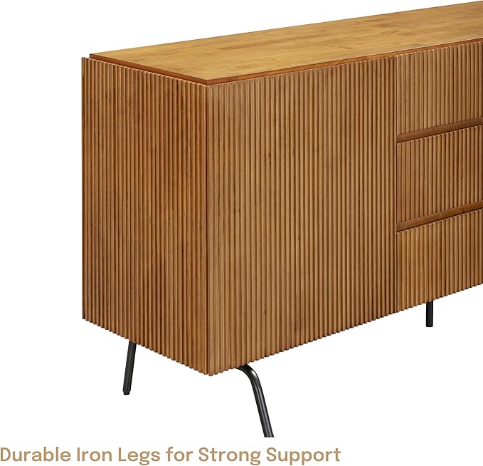NTC Veil Sideboard with 2 Doors and 3 Drawers, Buffet Cabinet with Vertical Groove Design and Metal Legs, Storage Cabinet for Living Room, and Entryway, Effortless Assembly, Teak Look