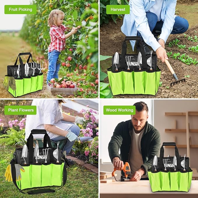 KUNLUN Gardening Tote Bag, Garden Tool Bag with 14 Pockets & Elastic Belt, Heavy Duty Standable Garden Tote Storage Bag with Long Adjustable Shoulder Strap for Indoor and Outdoor Use