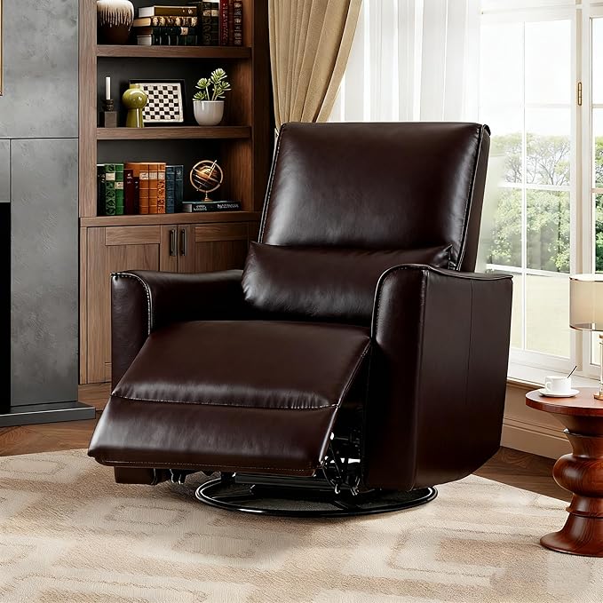 GarveeHome Recliner Chair, 360° Swivel Rocker Glider Nursery Chair with Padded Armrest and Deep Seat, PU Leather Upholstered Reclining Sofa Chair for Living Room, Bedroom and Nursery (Dark Brown)