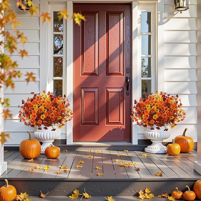 Artificial Mums Fall Fake Flowers for Outdoors, 12 Bundles Faux Mums for Outdoor Planters Autumn Decorations,UV Resistant Silk Flowers for Outside Front Porch Patio Home Decor(B-Orange Yellow Brown)