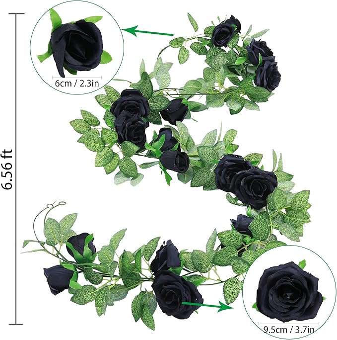 Felice Arts 2 Pack Black Artificial Flower Garland Each 6.5FT Fake Rose Vine Hanging Rose Garland for Thanksgiving Day Wedding Flowers Xmas Table Centerpiece Arrangement Mirror Decor