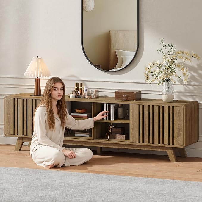 ONBRILL 70-Inch TV Stand for TVs up to 80 Inch, Mid-Century Modern Television Stand with Power Outlet， Entertainment Center with Sliding Grille Door Cabinets and Open Shelves for Living Room, Oak