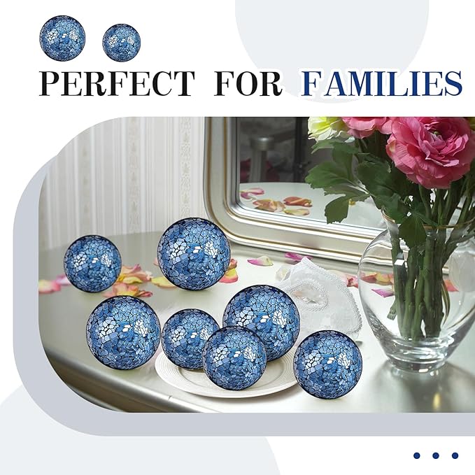 8 Pcs 3'' 4'' Decorative Ball for Centerpiece Bowls Glass Mosaic Sphere Decorative Orbs for Bowl Vase Fillers Christmas Wedding Party Dining Room Table Decor(Blue)