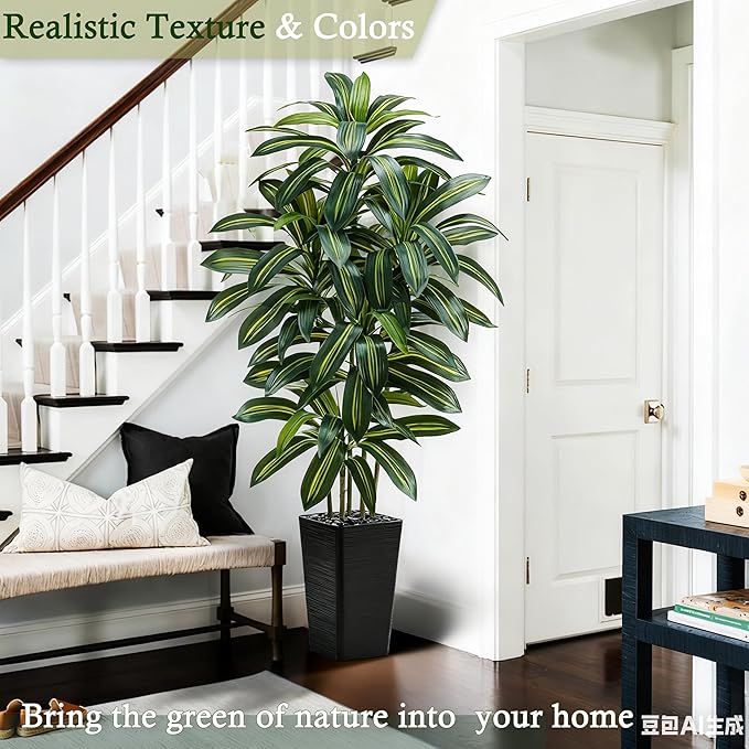 Artificial Dracaena Tree：6FT Faux Silk Tropical Yucca Floor Trees Realistic Fake Green Plant with Natural Wood Trunk & Lifelike Leaves for Home Office Decor Indoor & Outdoor (6FT,1-Pack,Black)