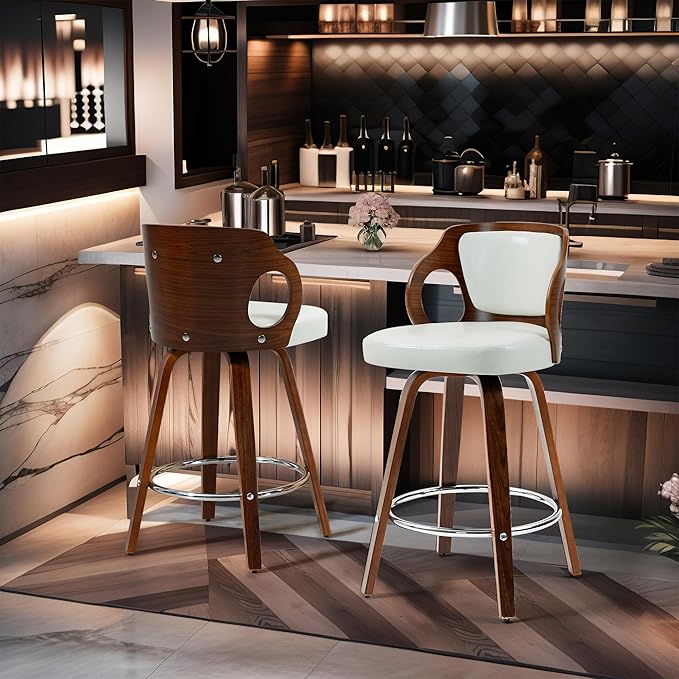 ECOTOUGE Swivel Bar Stools Set of 2, Walnut Faux Leather Counter Height Barstools with Bentwood Back and Footrest, for Dining Room, Kitchen Island and Pub, White