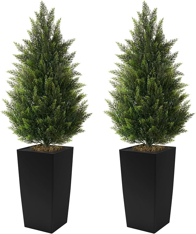 4FT Tall 2 Set Artificial Topiary Cedar Tree, Indoor Realistic Faux Cypress Plants with Square Flowerpot, Outdoor Evergreen Fake Shrubs for Home Living Room Front Porch Decor