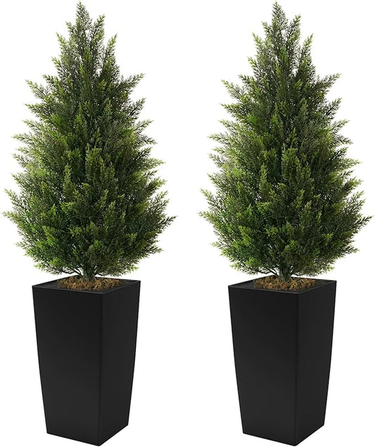 4FT Tall 2 Set Artificial Topiary Cedar Tree, Indoor Realistic Faux Cypress Plants with Square Flowerpot, Outdoor Evergreen Fake Shrubs for Home Living Room Front Porch Decor