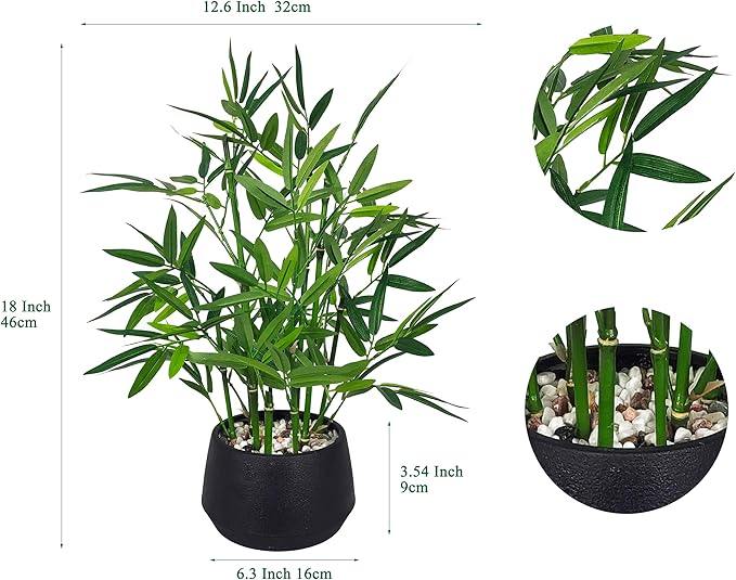 365 Blooming Decor 18-inch Tall Potted Faux Bamboo Plant (Black Pot) - Luxury Artificial Bamboo in Black Textures Pot for Home, Office, Kitchen, Counter Top, Indoor Decor, Money Tree, Lucky Tree