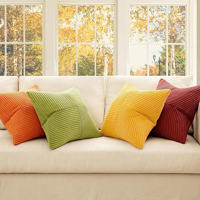 MIULEE Fall Burnt Orange Decorative Throw Pillow Covers 20x20 Inch Set of 4 Boho Color-Clash Cushion Covers Modern Farmhouse Pillow Cases Corduroy Striped Home Decor for Couch Sofa Bed