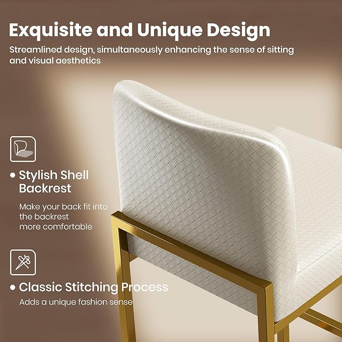 PHI VILLA Bar Stools - Counter Height Bar Stool Leather Stools for Kitchen Counter, White and Gold Bar Stools with Back