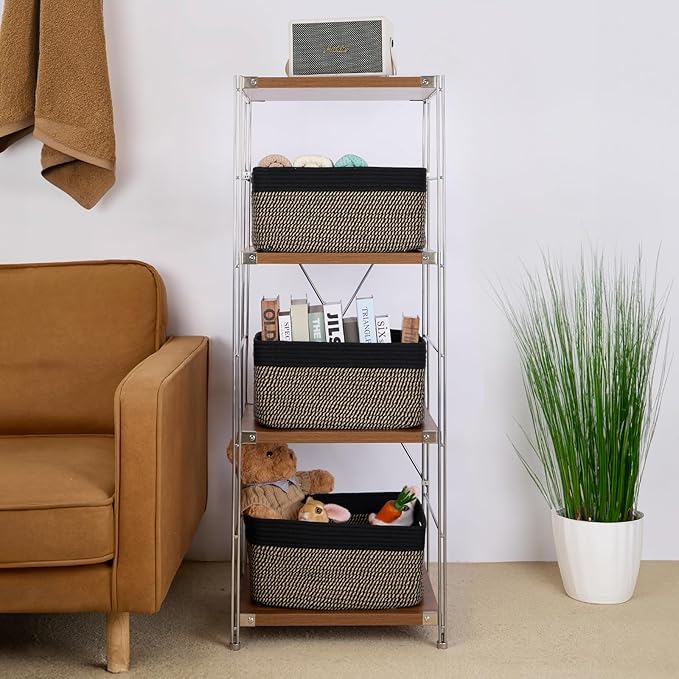 Large Storage Baskets for Organizing, Closet Shelf Baskets for Clothes Blanket Towels, Baby Nursery, Toy Bins Box, Woven Rope Baskets, 17 x 13 x 7.5”, 4 Packs Woven Brown