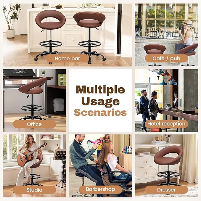 Drafting Chair with Back, Height Adjustable Rolling Stool with Foot Rest, Tall 360° Swivel Stool PU Leather Chair with Wheels for Home Office, Standing Desk, Brown