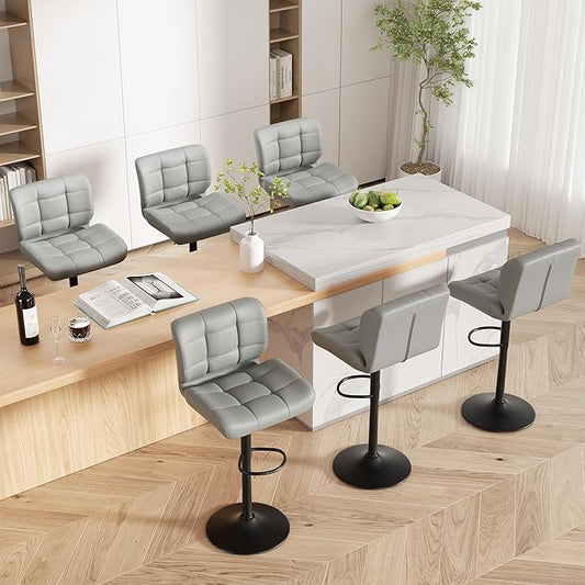 Modern Bar Stools Set of 6, Faux Leather Upholstered Swivel Bar Stools, Adjustable Counter Height Bar Chairs with High Back and Footrest for Kitchen Island (Dark Grey)