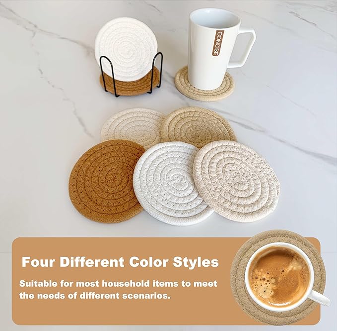 8 Pcs Drink Coasters with Holder, Coasters for Coffee Table, Absorbent Coaster Set for Living Room Decor Tabletop Protection, Coaster Set 4 - Color Cup (Brown Mix)
