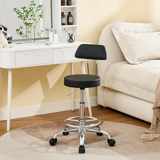 Rolling Stool with Back,Adjustable Height Foot Rest Rolling Salon Chair 19.5"-26.6",Black Ergonomic Stool (Black)