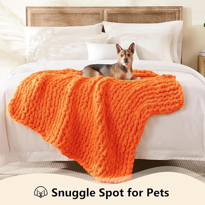 L'AGRATY Chunky Knit Blanket Throw: 30''x40'' Chenille Chunky Knitted Throw Blanket for Bed Couch - Handmade Thick Big Cable Knit Blankets - Large Crochet Rope Blankets for Home Decor(Orange)