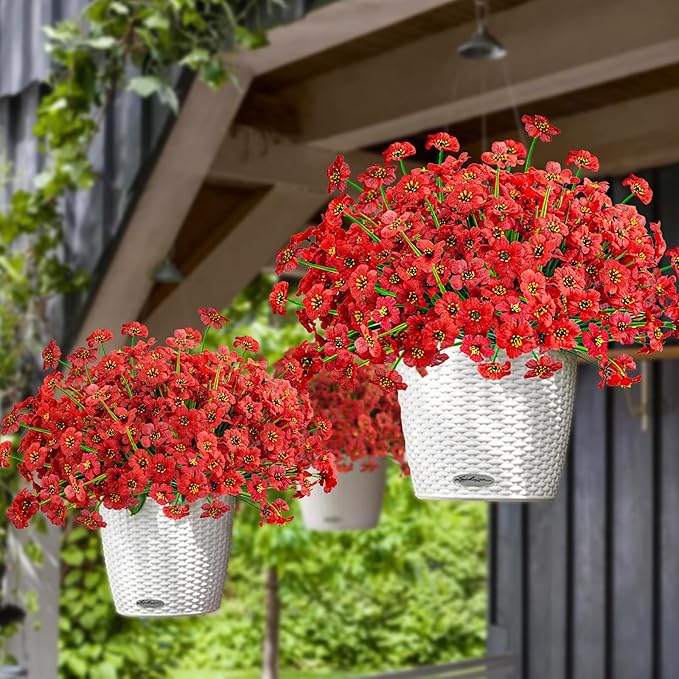 Krissing 48 Bundles Outdoor Artificial Flowers UV Resistant Fake Silk Flowers Faux Plastic Plants Outside Garden Porch Window Box Summer Decoration (Red)