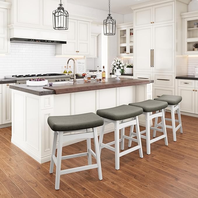PHI VILLA Counter Height Bar Stools Set of 3,Farmhouse Barstools with Upholstered Saddle Seat, 24 inch Kitchen Counter Island Stools