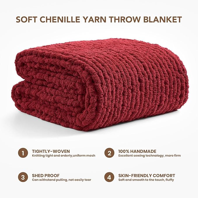 L'AGRATY Chunky Knit Blanket Throw: 50''x60'' Chenille Chunky Knitted Throw Blankets for Bed Couch - Handmade Thick Cable Knit Blanket - Large Crochet Rope Blankets for Home Decor(Maroon Red)