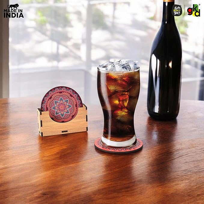 GKD Wooden Coasters for Drinks, Coasters Set of 6 with Holder, 3.5 inches Eco-Friendly Absorbent Coaster for Coffee Table, Bar, Drinking Glasses, Tabletop Protection (1, Rangoli)