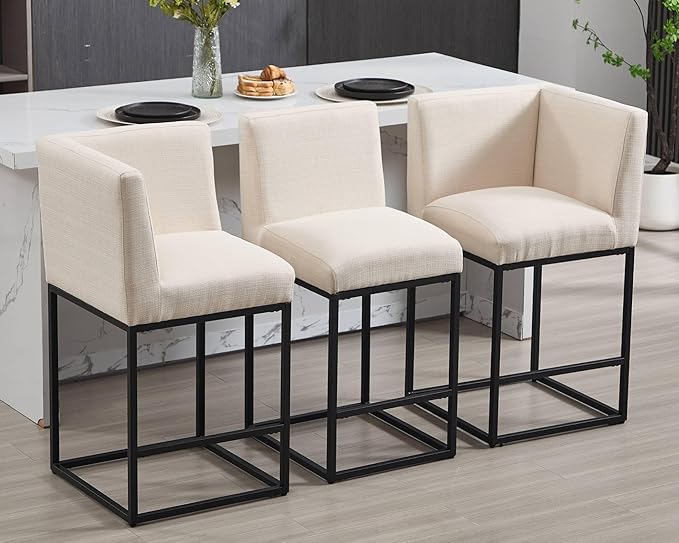 VESCASA 27" Counter Height Bar Stools with Padded Back, Modern Upholstered Counter Stool Chairs with Black Metal Frame for Kitchen Island, Linen Cream, 1 Left Side Seat and 1 Right Side Seat