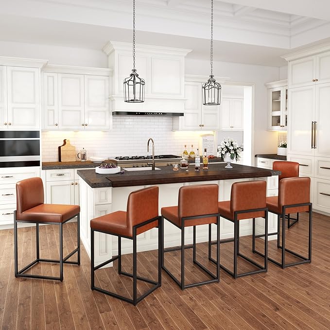 PHI VILLA Brown Bar Stools Set of 6, Counter Height Bar Stool Faux Leather Barstools with Back, 24 inch Kitchen Bar Chairs