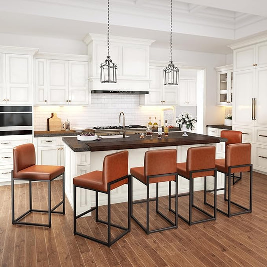 PHI VILLA Brown Bar Stools Set of 6, Counter Height Bar Stool Faux Leather Barstools with Back, 24 inch Kitchen Bar Chairs