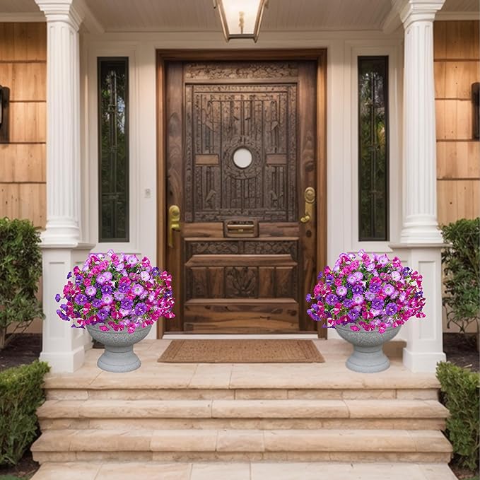 Artificial Flowers for Outdoor, Fake Flowers Faux Plants for Outside Indoor, 4PCS Summer Decor, Morning Glory Petunia UV Resistant, for Garden Porch Window Box Home Planters (Dark&Light Purple Bulk)