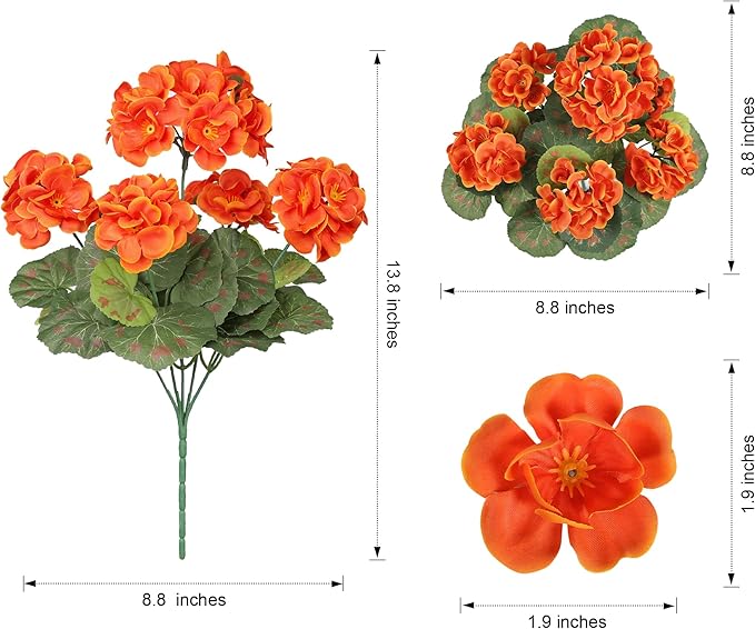 Fake Geraniums Artificial Flowers for Outdoors Fall Autumn Decoration, 6 Bundles Silk Geraniums UV Resistant Look Real Orange Faux Flowers Plants for Front Door Garden Planter Patio Balcony Yard Home