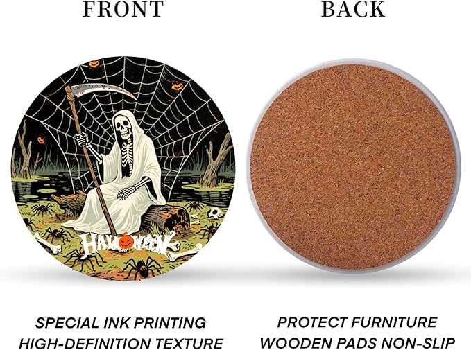 Ultimate Horror Halloween Coasters Set of 6 with Holder - Matte Ceramic Drink & Wall Art Decor, Spooky Home Office Party Gift | Skull Spider Ghost Decorations