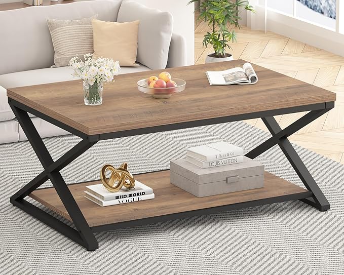 HSH Rustic Farmhouse Coffee Table, Modern Minimalist Wood and Metal Living Room Table, 2 Tie Rectangle Center Table with Storage & Display Shelf, Simple Office Cocktail Tea Table, Rustic Oak, 39 Inch