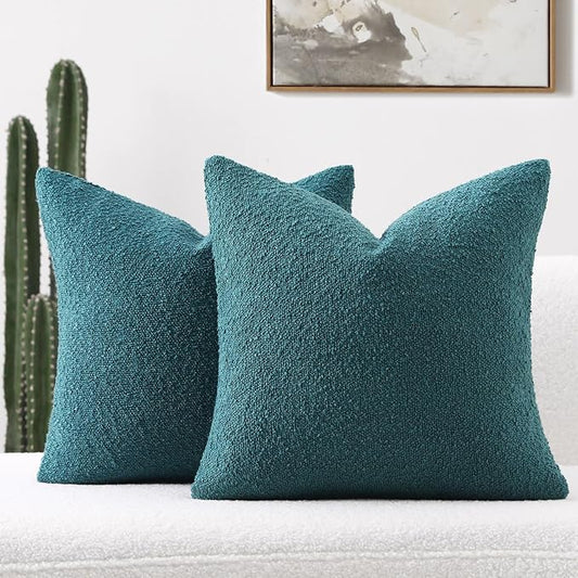 FUTEI Pack of 2 Teal Green Decorative Throw Pillow Covers 22x22 Inch Soft Cozy Solid Boucle Textured Cushion Case,Modern Home Decor for Couch Bed Living Room