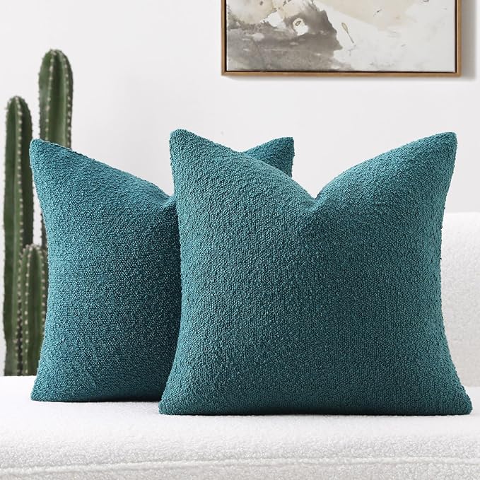 FUTEI Pack of 2 Teal Green Decorative Throw Pillow Covers 18x18 Inch Soft Cozy Solid Boucle Textured Cushion Case,Modern Home Decor for Couch Bed Living Room